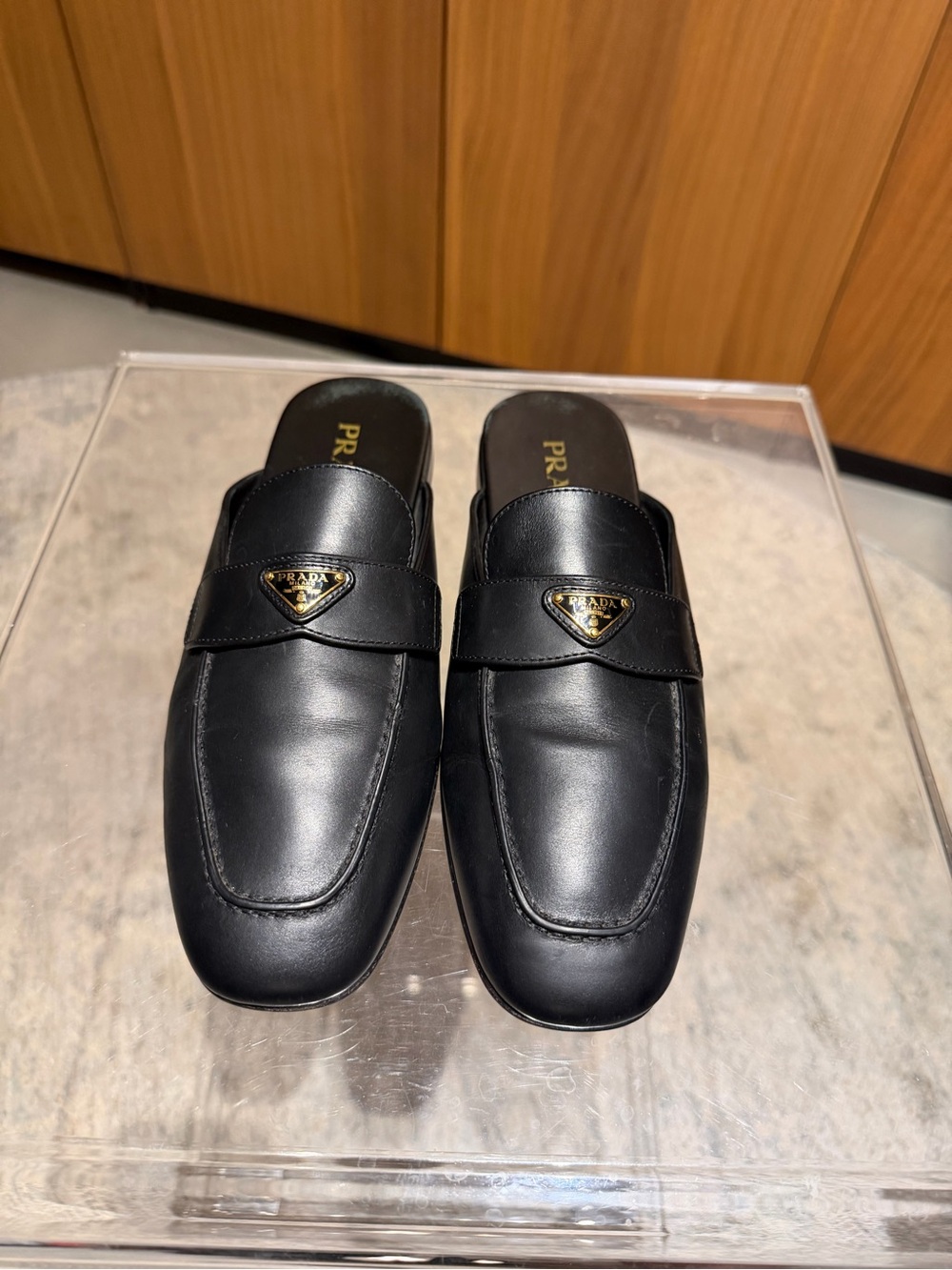 Prada Black Leather Backless Loafer Mule with Gold Triangle Hardware - Picture 4 of 13